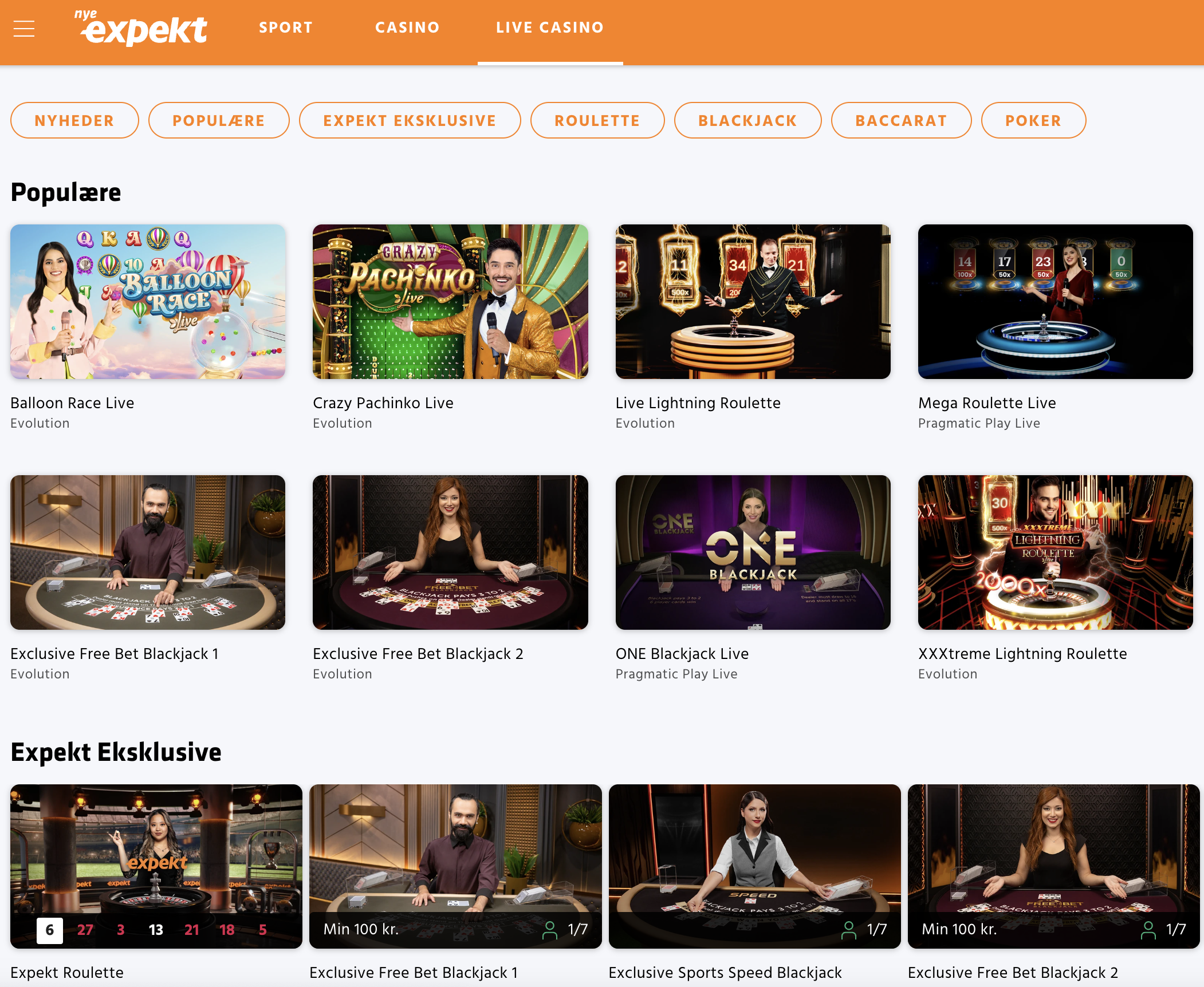 Nye Expekt livecasino